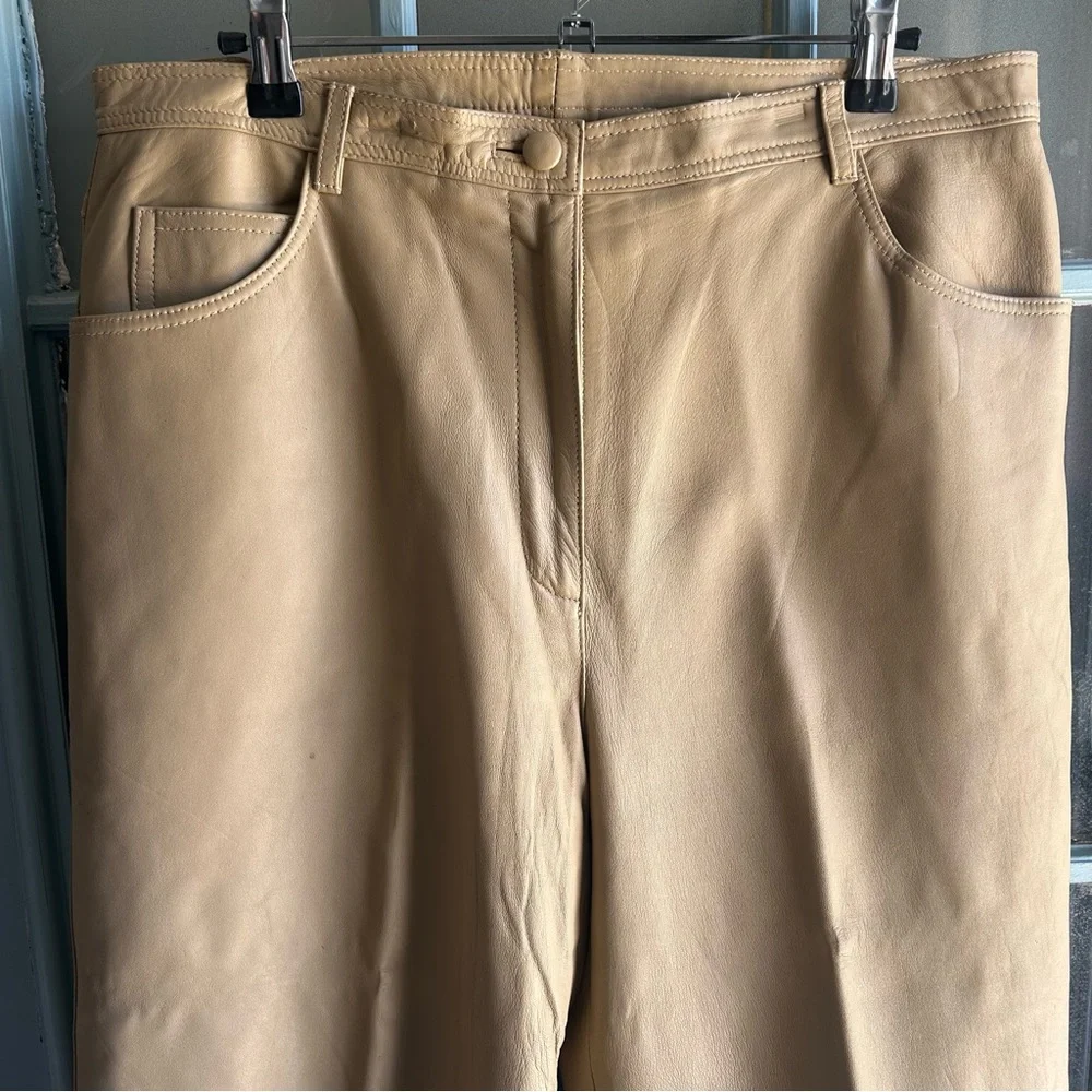 Vintage 80s Together Sheep Nappa Genuine Leather Straight Leg Pants Beige Tan 14